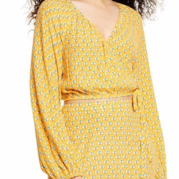 RHODE Women's Dainty Lotus Print Wrap Top Yellow Turquoise Size Med - Picture 2 of 6